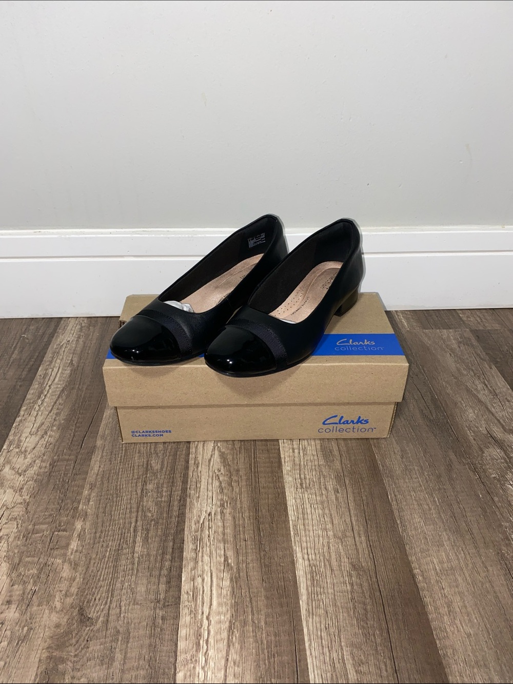 Clarks Black Leather and Patent Cap-Toe Low Block Heels